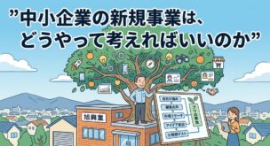 中小企業の経営者が新規事業のアイデアや事業計画を考えている様子